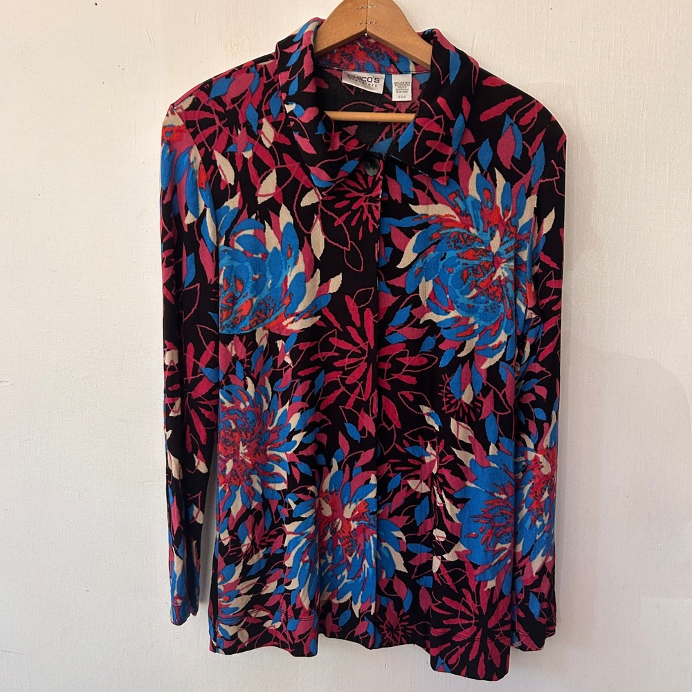 Chicos Travelers Single Button Cardigan Small Pink Floral Art to Wear Travel